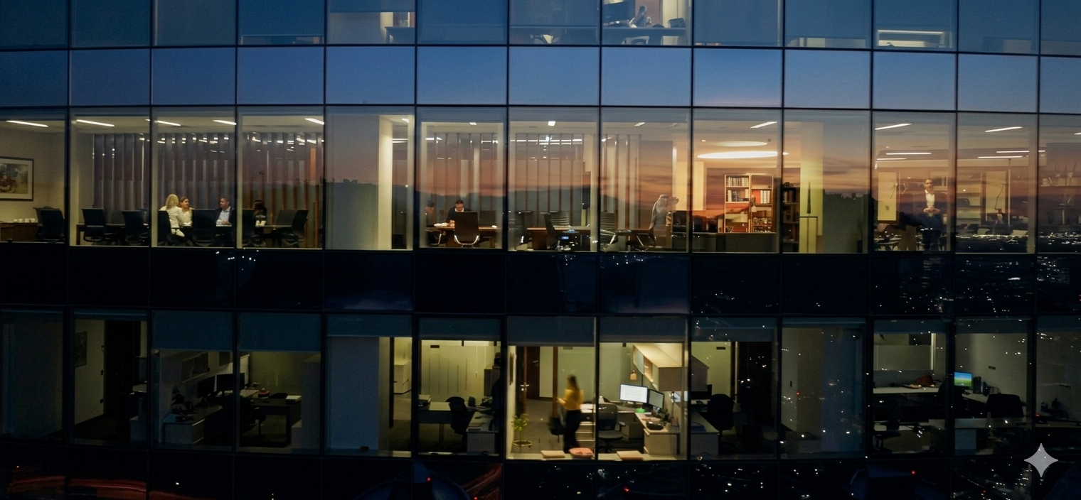 Vista interior de un edificio corporativo en Las Condes — espacio donde sesionan directorios